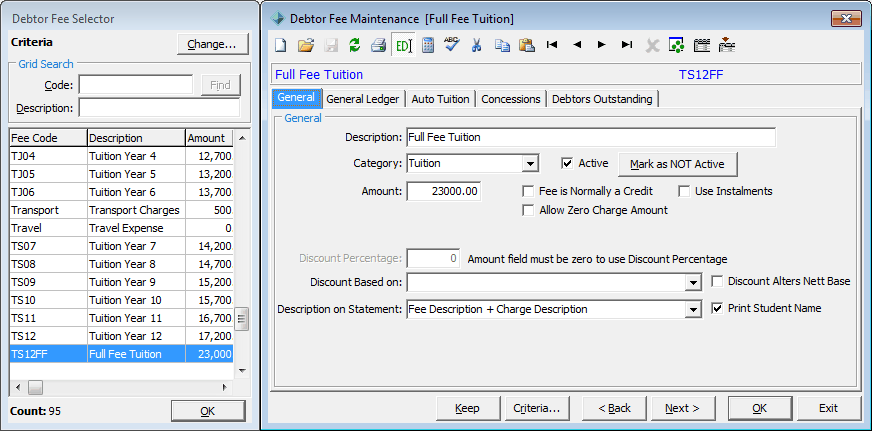 Debtor Fee Maintenance - General tab (for roll returns, with fee selector)