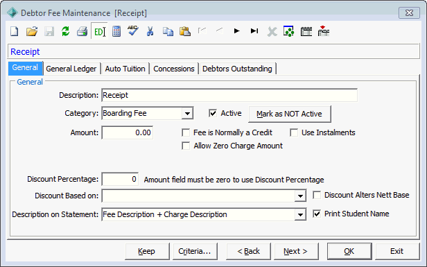 Debtor Fee Maintenance - General tab