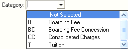 Category drop-down list (Debtor Fee Maintenance - Search Criteria)