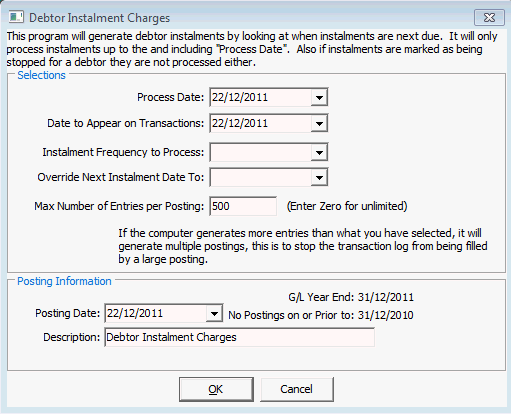 Debtor Instalment Charges window