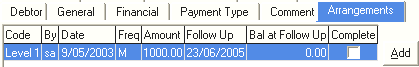 Debtor Maintenance - Arrangements tab (grid area)