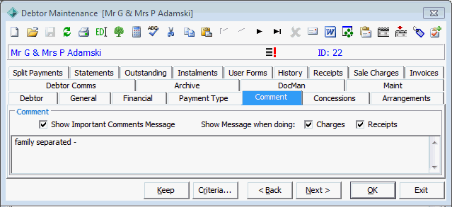 Debtor Maintenance - Comment tab