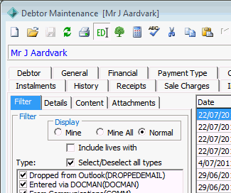 Debtor Maintenance - Correspondence tab (cut down)
