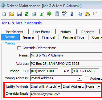 Debtor Maintenance - Debtor tab (cut down, email settings highlighted)