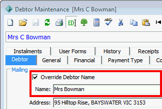 Debtor Maintenance - Debtor tab (cut down, override debtor name highlighted)