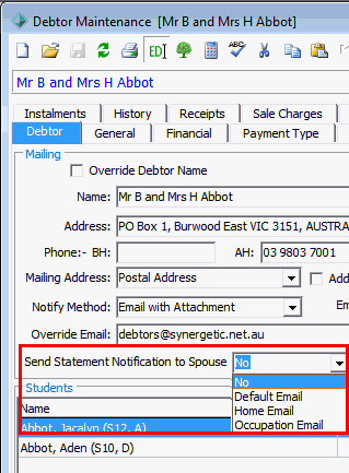 Debtor Maintenance - Debtor tab (cut down, send notification to spouse highlighted)