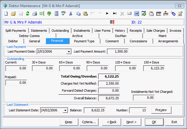 Debtor Maintenance - Financial tab