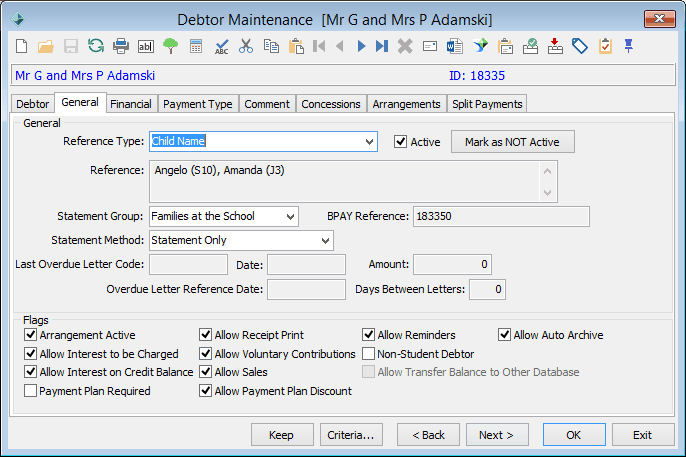 Debtor Maintenance - General tab