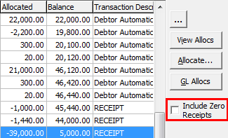 Debtor Maintenance - History tab (cut down, Include Zero Receipts highlighted)