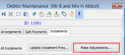 Debtor Maintenance - Instalments tab (Make Adjustment button, wn66)