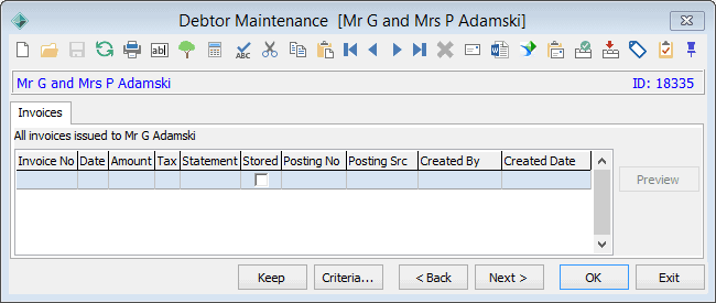 Debtor Maintenance - Invoices tab