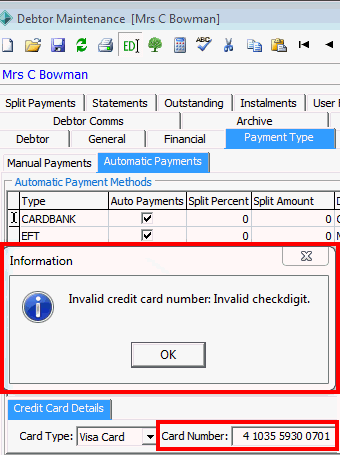 Debtor Maintenance - Payment Type tab - Automatic Payments subtab (credit card number check highlighted)