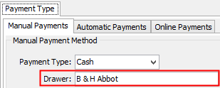 Debtor Maintenance - Payment Type tab - Manual Payments sub-tab (Drawer field)