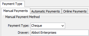 Debtor Maintenance - Payment Type tab - Manual Payments sub-tab (Drawer field)