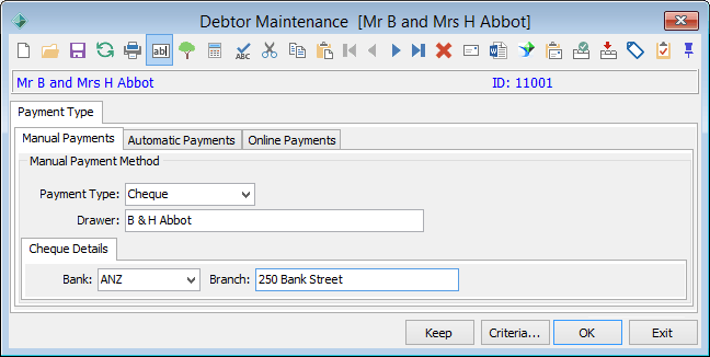Debtor Maintenance - Payment tab (including Manual Payments sub-tab)