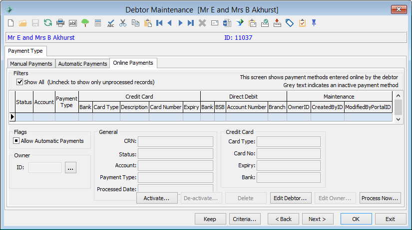 Debtor Maintenance - Payment Type tab - Online Payments sub-tab (cut down)