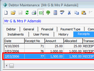 Debtor Maintenance - Receipts tab (cut down)