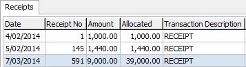 Debtor Maintenance - Receipts tab (cut down)