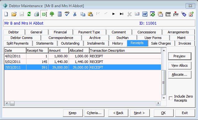 Debtor Maintenance - Receipts tab
