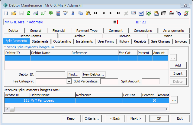 Debtor Maintenance - Split Payments tab