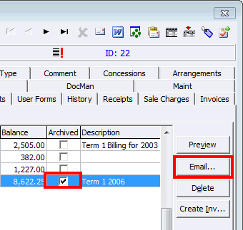 Debtor Maintenance - Statements tab - Prior Statements sub-tab(cut down, email highlighted)