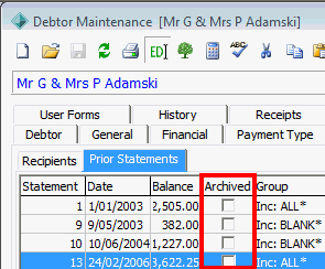 Debtor Maintenance - Statements tab - Prior Statements sub tab (cut down)