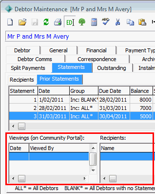 Debtor Maintenance - Statements tab - Prior Statements sub tab (cut down, portal and receipients area highlighted)