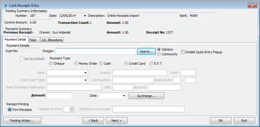 Debtors - Cash Receipts Entry window