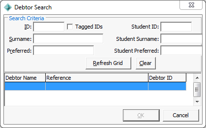Debtor Search window