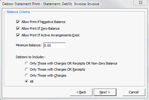 Debtor Statement Print - Balance Criteria window
