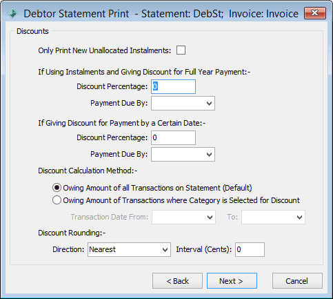Debtor Statement Print - Discounts window