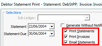 Debtor Statement Print - Selections (cu down, print mail invoice highlighted).