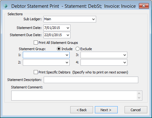 Debtor Statement Print - Selections window
