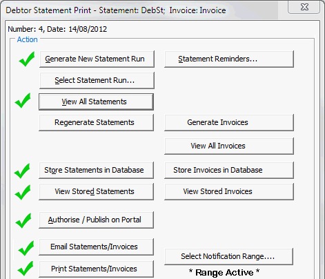 Debtor Statement Print window (Statement range active)