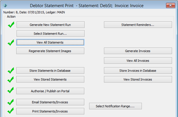 Debtor Statement Print window (Statements emailed)