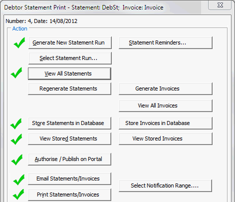 Debtor Statement Print window (Statements printed)