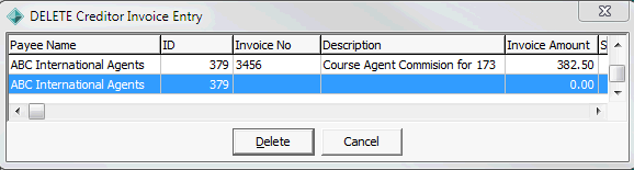 Delete Creditor Invoice Entry window