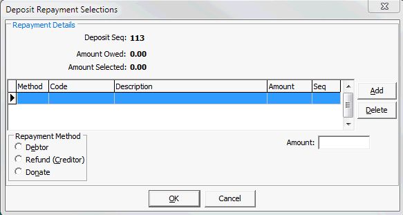 Deposit Repayment Selections window