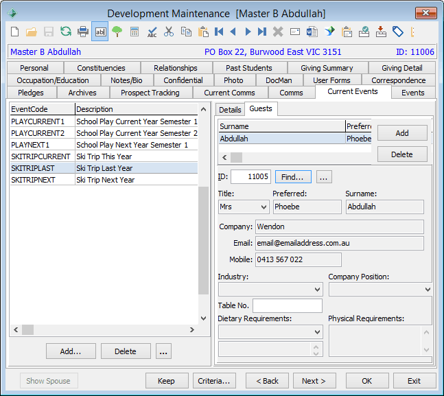 Development Maintenance - Current Events tab - Guests sub-tab