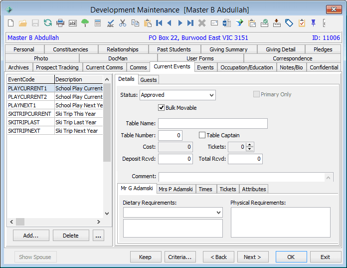 Development Maintenance - Current Events tab