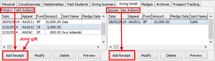 Development Maintenance - Giving Detail tab (cut down)