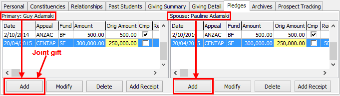 Development Maintenance - Pledges tab (cut down)