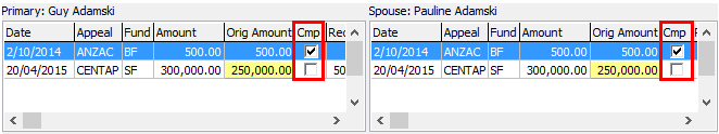 Development Maintenance - Pledges tab (Cmp field, highlighted)