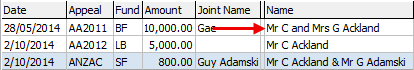 Development Maintenance - Pledges tab (cut down, Name field)