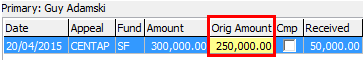 Development Maintenance - Pledges tab (cutdown, Orig Amount field highlighted)