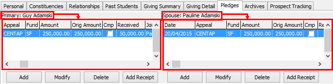 Development Maintenance - Pledges tab (cut down)