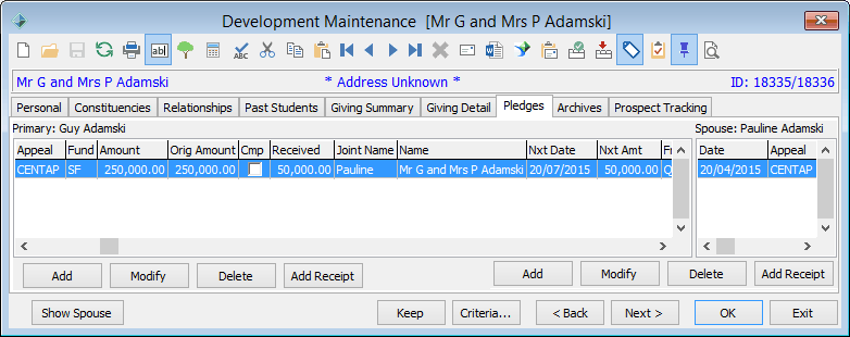 Development Maintenance - Pledges tab