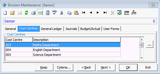 GL Division Maintenance - Cost Centres tab