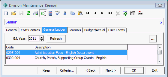 GL Division Maintenance - General Ledger tab