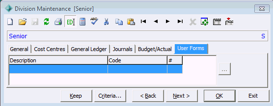Division Maintenance - User Forms tab